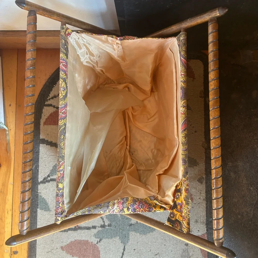 Vintage Boho Yarn Caddy Wooden Cotton Paisley Carryall